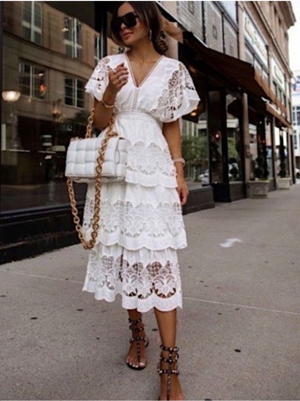 πΏβ¨ FARM Rio size L Off-White Richelieu Midi Dress β¨πΏ - Picture 1 of 12